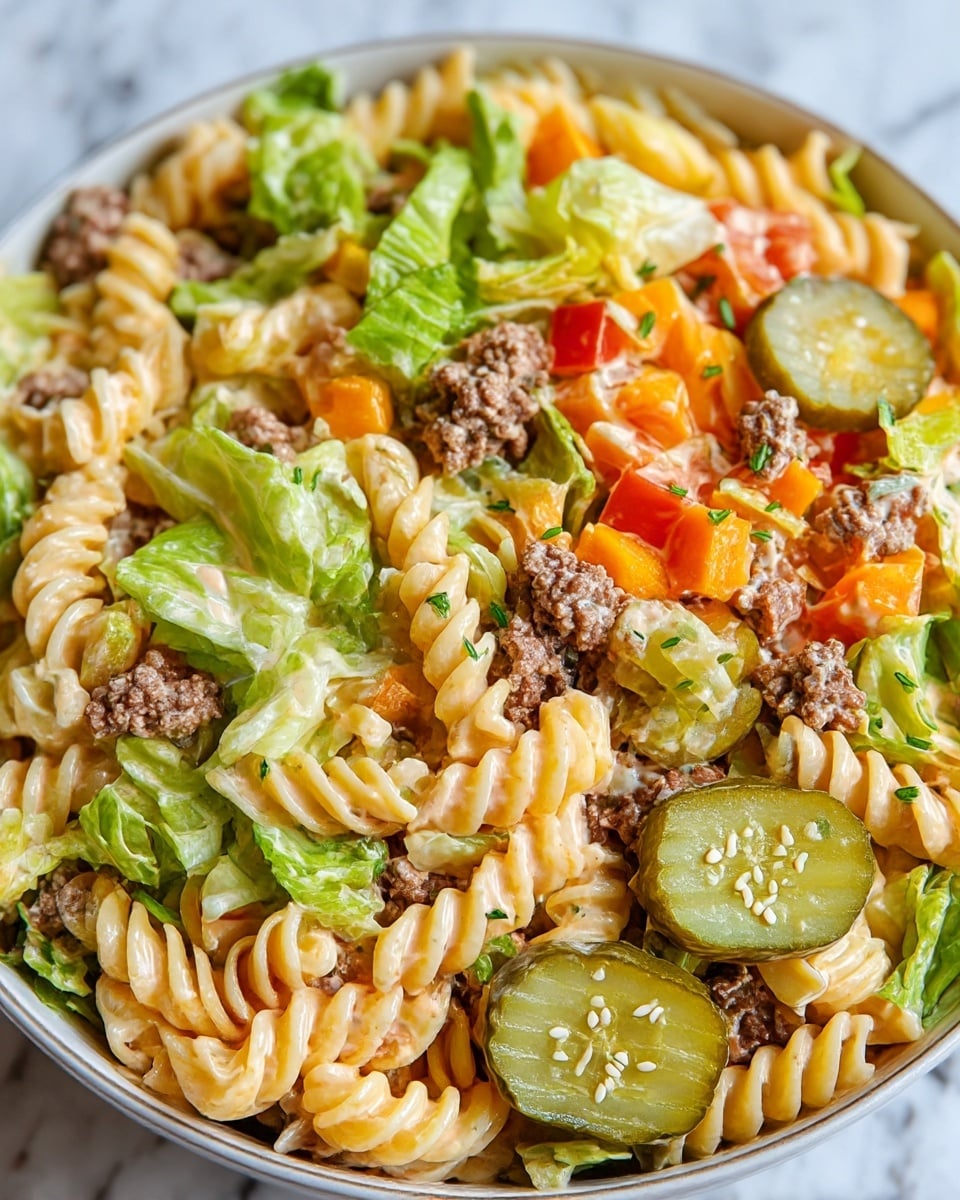 The image shows a white bowl filled with a colorful pasta salad that has about five layers mixed together. The bottom layer is pale yellow spiral rotini pasta with a smooth creamy texture. Scattered evenly throughout are small pieces of cooked ground beef, which are brown and finely crumbled. Bright green lettuce leaves add a fresh look to different parts of the salad. Diced red and orange bell peppers introduce bright color with their slightly shiny, smooth surfaces. Several sliced pickles with a greenish-yellow color and tiny white sesame seeds on top rest on the surface. The salad looks creamy and fresh, with small green herb pieces sprinkled throughout. The background is a white marbled texture. Photo taken with an iphone --ar 4:5 --v 7