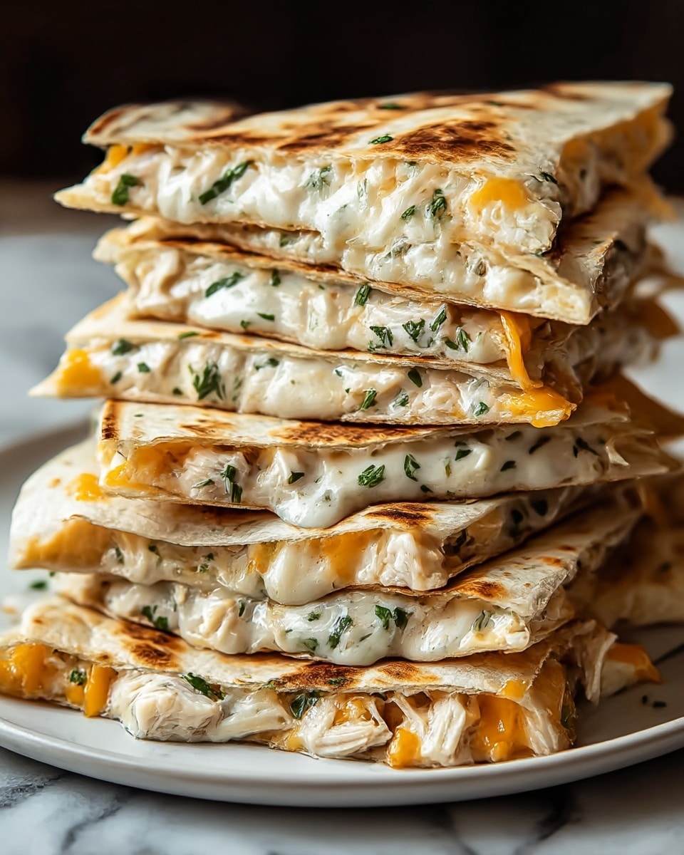 A close-up of a stack of golden brown grilled quesadilla slices arranged in layers on a white plate, each slice showing a thin, toasted tortilla with melted white cheese mixed with small pieces of chicken and green herbs inside. The quesadilla layers reveal creamy, gooey cheese with flecks of green herbs and bits of orange cheddar peeking through. The top layer has a slightly crispy texture with light char marks and small sprinkled green herbs. The plate is placed on a white marbled surface, adding a clean and bright background. photo taken with an iphone --ar 4:5 --v 7