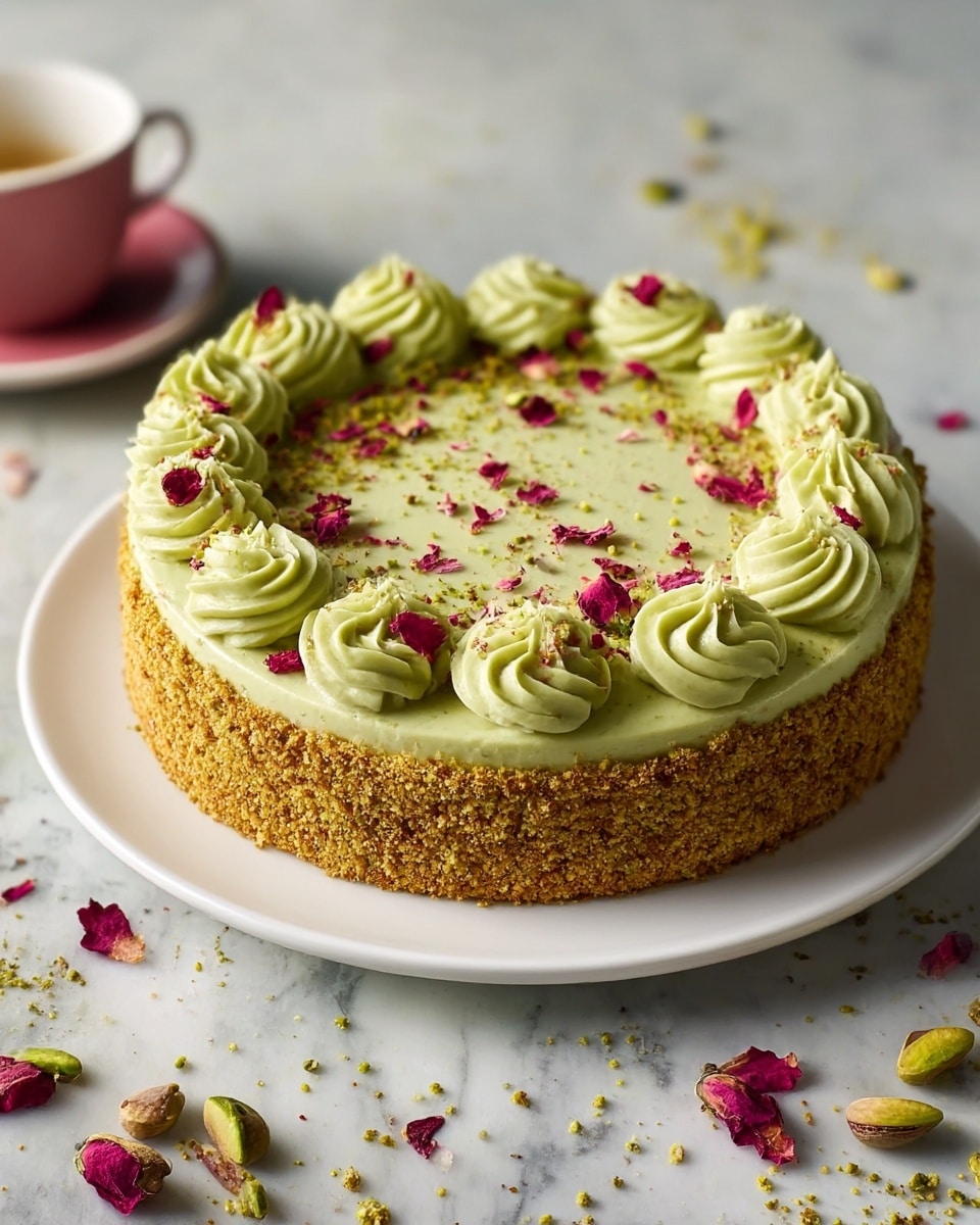 A round cake with one main layer sits on a white plate. The sides are covered in a crumbly golden-brown coating. The top is smooth and pale green, possibly a frosting or glaze, decorated with evenly spaced swirls of light green cream around the edge. The center and the swirls are sprinkled with crushed pistachios and small pink rose petals. The cake is placed on a white marbled surface with scattered pistachio crumbs and rose petals nearby. Photo taken with an iphone --ar 4:5 --v 7