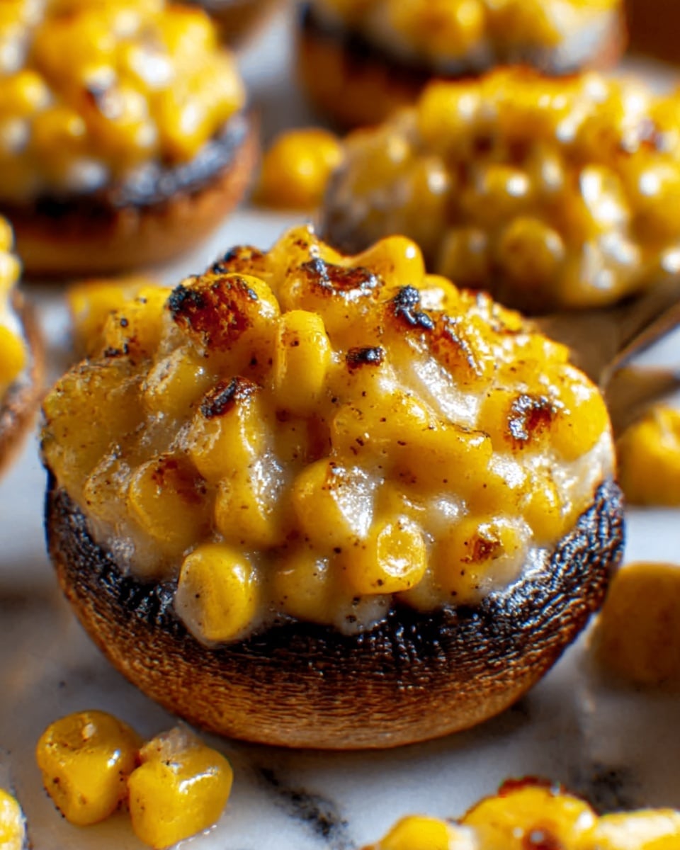 A close-up view of a grilled mushroom cap topped with a thick layer of golden grilled corn kernels, slightly browned and charred for texture. The mushroom's dark brown edges frame the bright yellow and white corn, which looks juicy and soft. Around the mushroom, more corn pieces are visible, all resting on a white marbled surface. The lighting highlights the caramelized spots and the glossy texture of the corn photo taken with an iphone --ar 4:5 --v 7