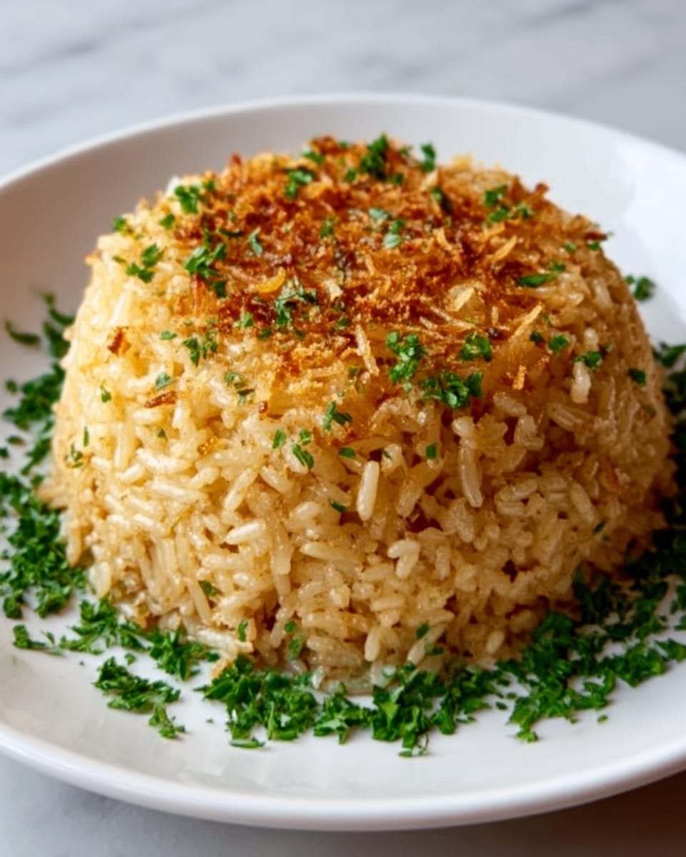This image shows a round mound of cooked rice served on a white plate. The rice is golden brown on top with some crispy bits, and the grains appear fluffy and slightly oily. Scattered chopped green herbs cover the top and base of the rice mound, adding a fresh contrast to the warm, toasted color of the dish. The rice mound is neatly shaped and centered on the plate, which sits on a white marbled surface. Photo taken with an iphone --ar 4:5 --v 7