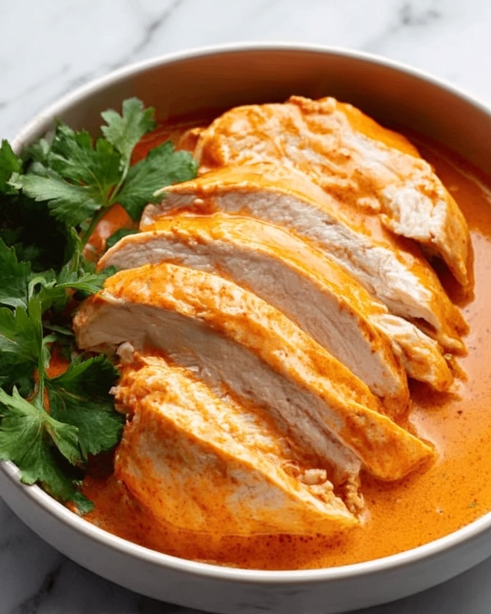 The image shows several slices of cooked chicken breast layered neatly in a bowl. The chicken is covered in a smooth, thick orange sauce giving it a glossy look. The texture of the chicken is tender and moist with visible muscle fibers. On the side, fresh green parsley adds a touch of color contrast. The bowl is white and sits on a white marbled surface. photo taken with an iphone --ar 4:5 --v 7