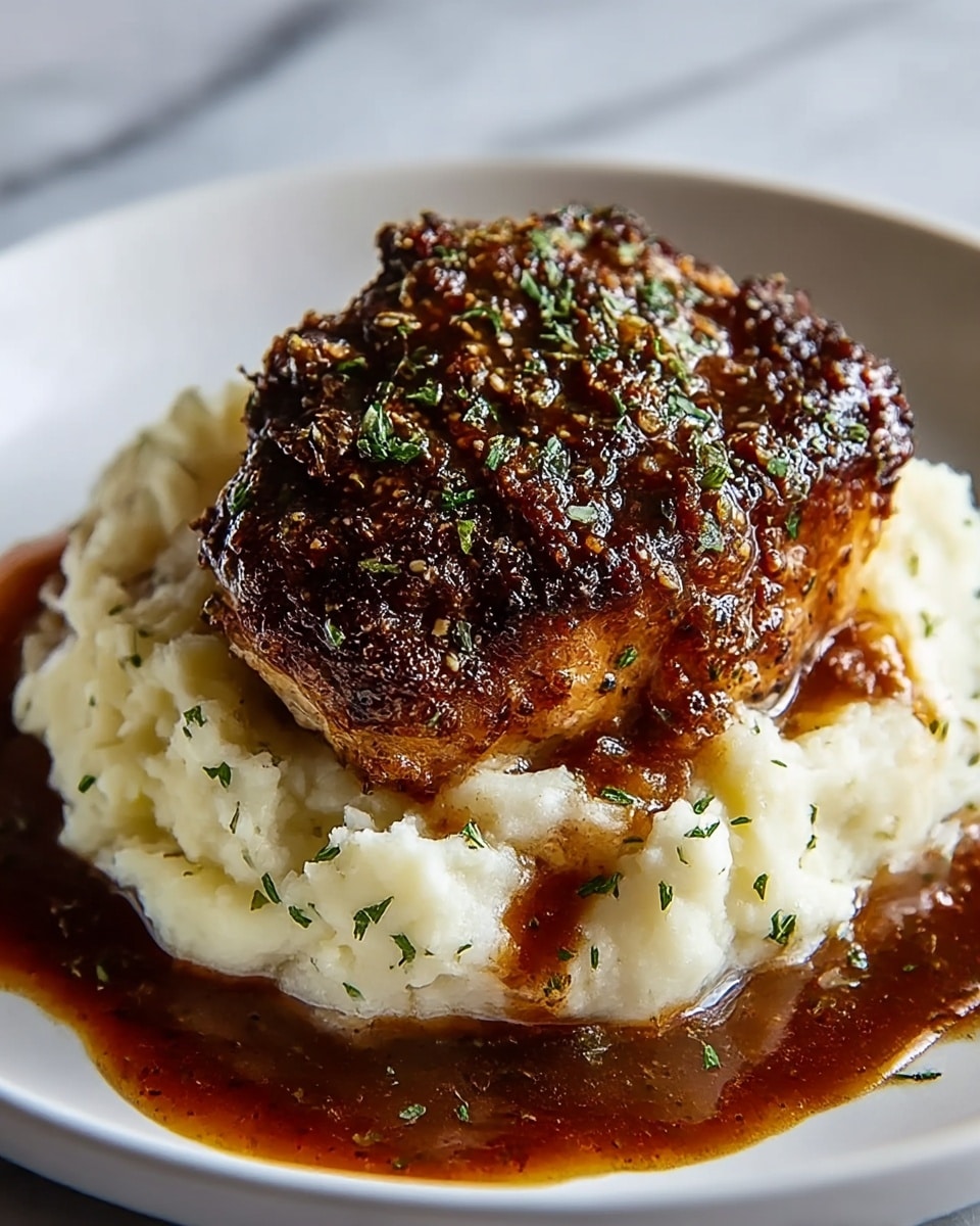 A close-up of a dish on a white plate with a white marbled background showing two main layers; the bottom layer is creamy mashed potatoes with a smooth, slightly chunky texture and a pale off-white color, sprinkled lightly with green herbs. On top sits a thick, dark brown, seared chicken breast with a crusty, textured surface covered in small bits of herbs and seasoning. A rich, glossy brown sauce is drizzled over both the chicken and the mashed potatoes, pooling slightly on the plate around the base. photo taken with an iphone --ar 4:5 --v 7