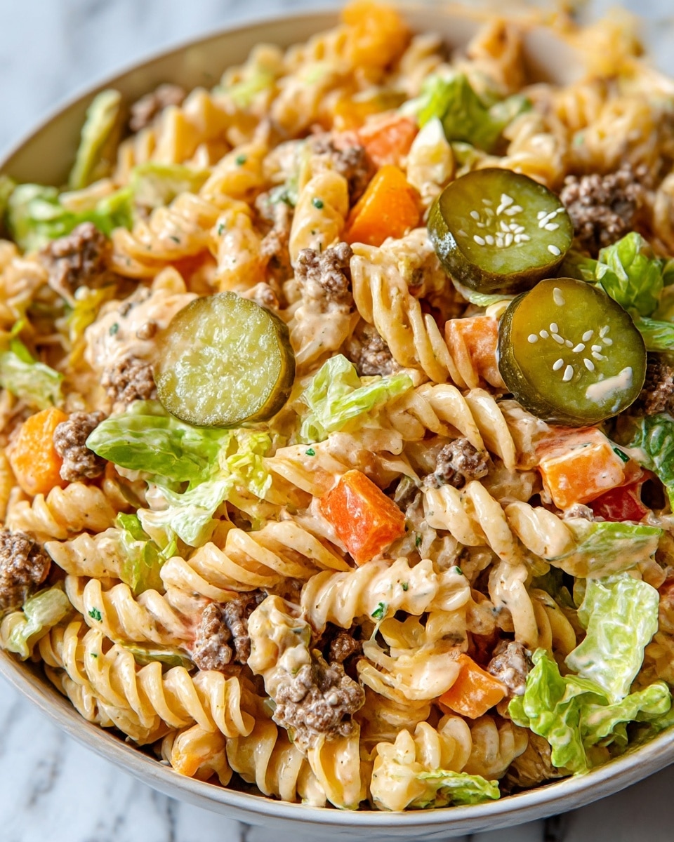 A close-up view of a white bowl filled with a pasta salad, showing about three to four layers of ingredients. The base layer consists of twisted rotini pasta in a pale yellow color. Scattered throughout are small chunks of cooked ground beef, adding a crumbly dark brown texture. Cubes of orange and red bell peppers create bright pops of color among the pasta. Slices of green pickles with visible white sesame seeds sit on top, along with shredded green lettuce pieces adding freshness. The salad is lightly coated in a creamy, slightly off-white dressing with small green flecks of herbs. The bowl sits on a white marbled surface. photo taken with an iphone --ar 4:5 --v 7