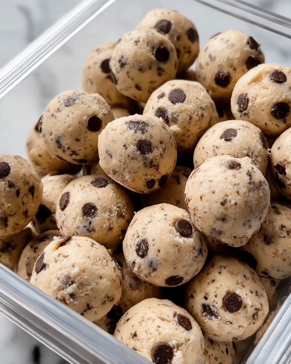 A close-up view of many bite-sized cookie dough balls piled up inside a clear square container; each ball is light beige with scattered small dark chocolate chips embedded throughout, giving a speckled look, and the dough texture appears soft and slightly grainy; the container is placed on a white marbled surface, capturing the details of the dough texture and chocolate chips clearly. photo taken with an iphone --ar 4:5 --v 7