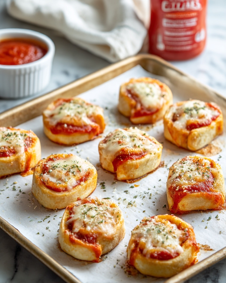 Eight small rolls of pizza dough are placed on a baking tray lined with parchment paper, each roll layered with red tomato sauce at the bottom and topped with melted white cheese sprinkled with black herbs and grated parmesan. The dough rolls are lightly browned in some parts, showing a soft and slightly crispy texture. The scene is set on a white marbled surface, and a red can with white text is partially visible in the background. Photo taken with an iphone --ar 4:5 --v 7