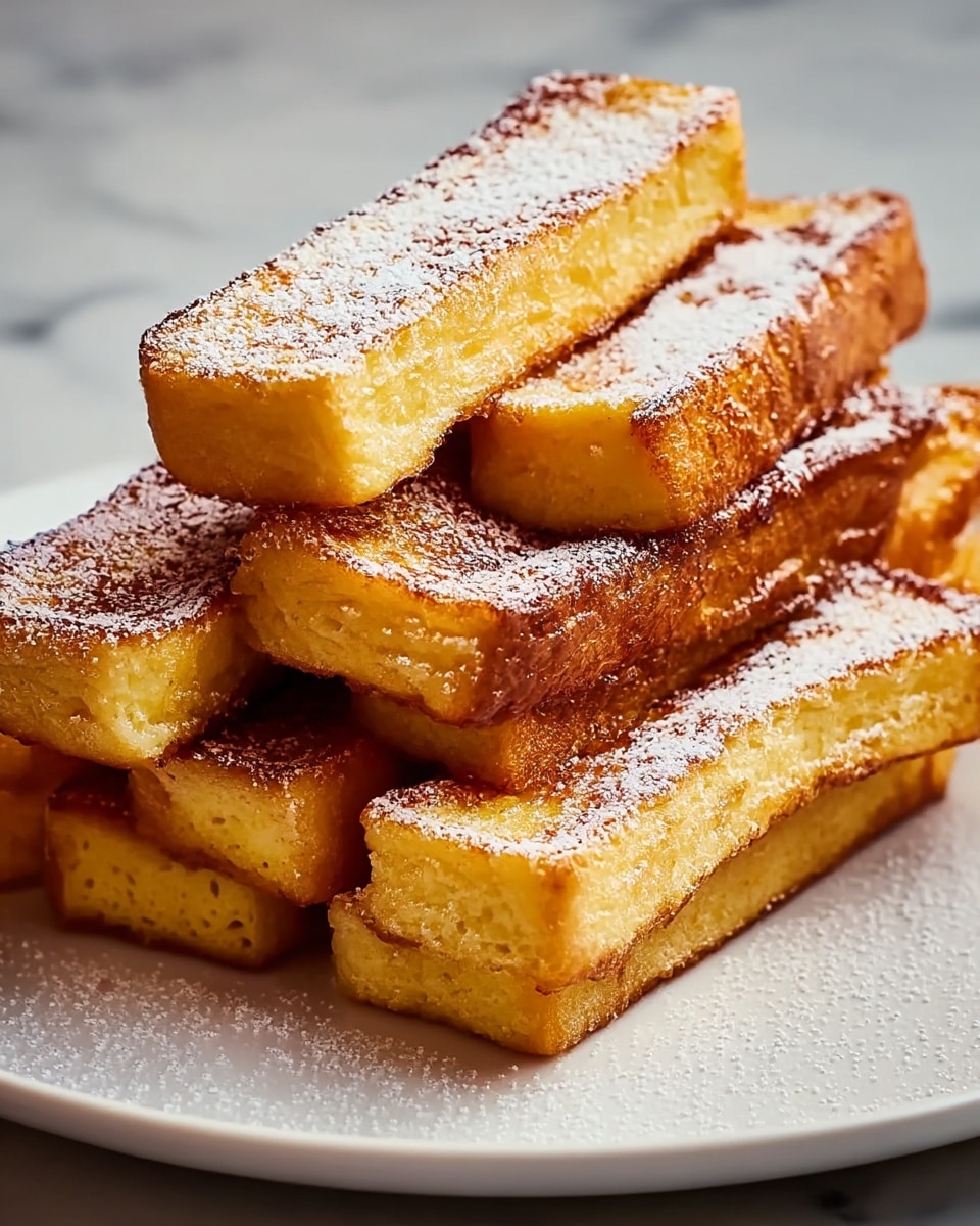 A stack of golden brown French toast sticks arranged in two layers on a white plate, with five sticks on the bottom layer lying flat and four sticks on top placed in a slightly staggered manner, showing crisp edges and soft, light yellow centers; the toast sticks are lightly dusted with powdered sugar, adding a fine white texture over the warm brown surfaces, all set on a white marbled surface. photo taken with an iphone --ar 4:5 --v 7