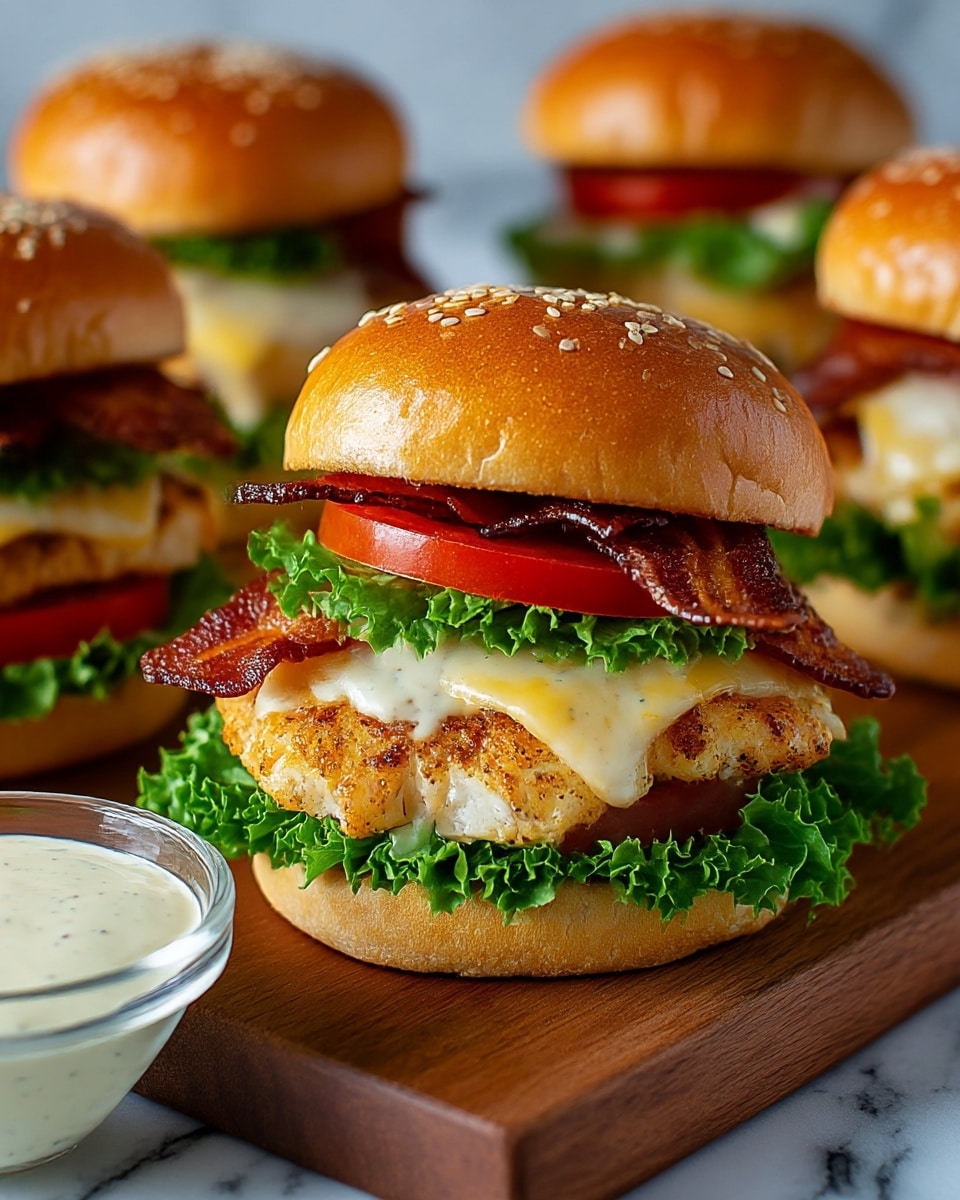 A close-up view of a chicken sandwich featuring five layers; the bottom layer consists of fresh green leaf lettuce with ruffled edges, topped by a grilled chicken breast that is golden brown with a slightly crispy texture. Above the chicken, there is melted cheese in a creamy white and yellow mix, followed by two slices of bright red tomato. Crispy, dark reddish-brown bacon strips rest on top of the tomato, with the sandwich finished by a shiny, golden-brown sesame seed bun that forms the top layer. The sandwiches are presented on a wooden board against a white marbled texture background with a small glass bowl of creamy white sauce nearby, photo taken with an iphone --ar 4:5 --v 7