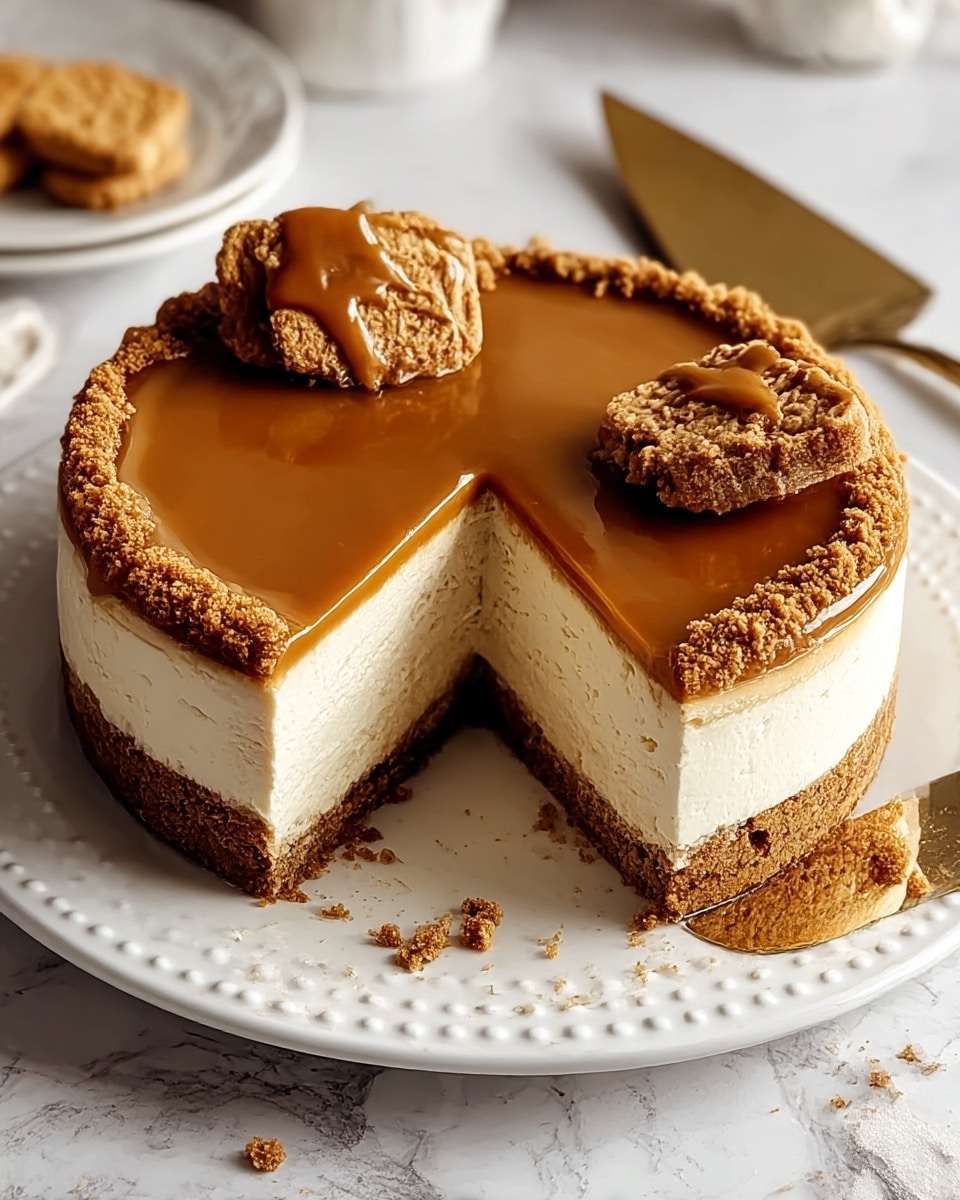 A round cheesecake sits on a white plate with a dotted edge, placed on a white marbled surface. The cake has three layers: a bottom crumbly brown crust, a thick creamy white middle layer, and a smooth glossy caramel-colored top layer. The sides are coated with more crumbly brown crumbs. Two pieces of crumbled biscuit, one topped with glossy caramel spread, rest on the top edge of the cake. A slice has been cut out, showing the clean layers inside, with some crumbs scattered on the plate and a gold cake server nearby. Photo taken with an iphone --ar 4:5 --v 7