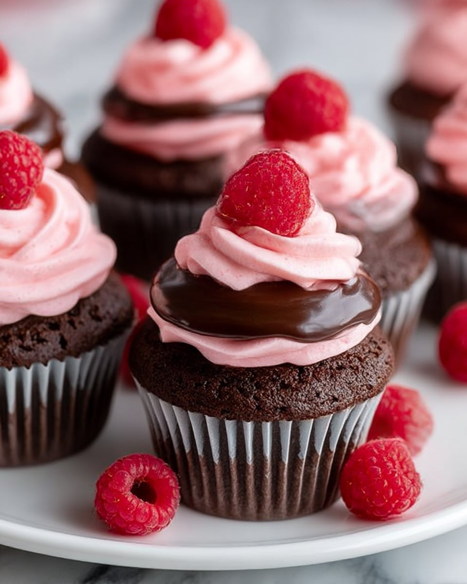 The image shows several chocolate cupcakes placed closely together on a white plate, set against a white marbled background. Each cupcake has three visible layers: the base is a dark brown chocolate cake with a textured surface, wrapped in a ridged gray cupcake liner; the middle layer is a smooth, shiny dark chocolate ganache spread on top of the cake; the top layer is a swirl of soft pink frosting, with a creamy and slightly speckled texture, piped in a rounded wave shape. On the very top of the pink frosting sits a single bright red raspberry with a bumpy texture. Around the plate, a few more fresh raspberries are scattered. Photo taken with an iphone --ar 4:5 --v 7