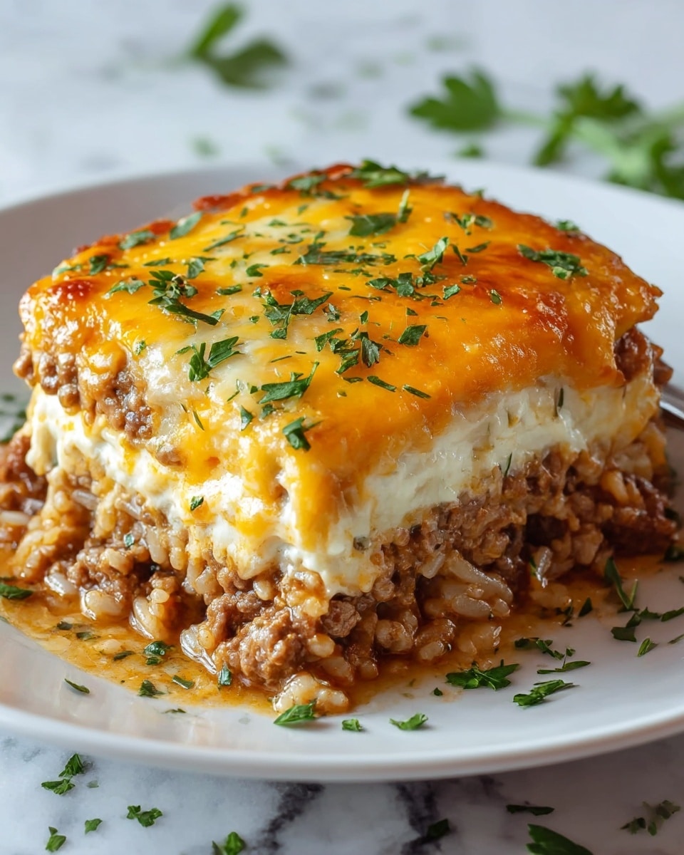 A close-up of a thick square slice of lasagna on a white plate, showing four clear layers: the bottom layer is a mixture of cooked rice and ground beef in a brown sauce with a slightly oily texture; above it is a creamy white layer that looks soft and smooth; the third layer is a bright, melted orange-yellow cheese with a glossy surface; the top layer is browned cheese with some small golden crispy spots, sprinkled generously with fresh green parsley bits. The plate is on a white marbled surface with some scattered parsley around. Photo taken with an iphone --ar 4:5 --v 7
