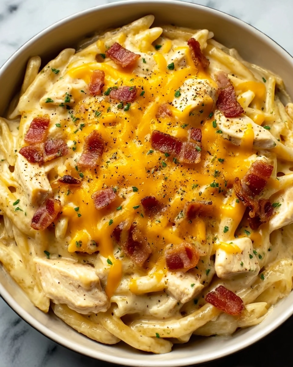 The image shows a single-layer chicken and bacon pasta in a white bowl. The pasta is creamy with a light yellow sauce, and chunks of white chicken and small pieces of reddish-brown crispy bacon are spread evenly throughout. On top, melted yellow and orange cheddar cheese covers the dish, with a light sprinkle of black pepper and small green herbs. The white marbled surface is visible around the bowl edges. Photo taken with an iphone --ar 4:5 --v 7