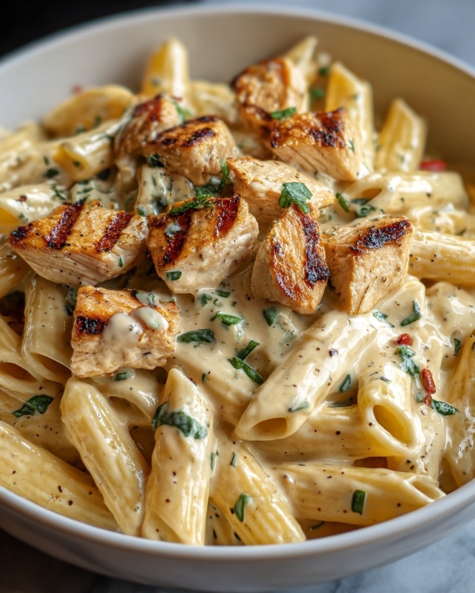 The image shows a close-up of creamy pasta with grilled chicken pieces on top. The pasta is penne, covered in a smooth, light beige sauce with visible specks of herbs and pepper. The grilled chicken chunks, light brown with grill marks, are scattered evenly on the pasta. Small green herb bits are sprinkled on the dish. The food is served in a white bowl placed on a white marbled surface. Photo taken with an iphone --ar 4:5 --v 7