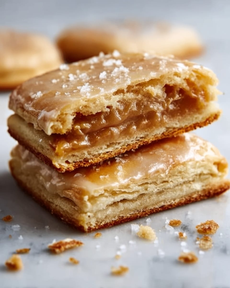 The image shows two square pastries stacked on a white marbled surface. The bottom pastry is whole with a light golden-brown crust that looks flaky and slightly crisp. The top pastry is broken in half, revealing a thick, gooey caramel or butterscotch filling inside, which contrasts with the crispy dough layers. The pastries have a thin layer of shiny glaze on top, sprinkled lightly with coarse salt crystals. Crumbs and small flakes from the crust are scattered around them. Photo taken with an iphone --ar 4:5 --v 7