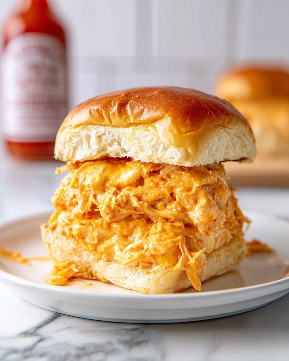The image shows a sandwich with two layers of soft, golden-brown buns. The top layer is a shiny, slightly crusty bun. Between the buns, there are two thick layers of creamy, orange-colored chicken filling that looks tender and mixed with sauce. The filling is slightly oozing out, showing a rich, cheesy texture with some visible shredded chicken pieces. The sandwich sits on a white plate with a white marbled surface in the background, and there is a bottle of red sauce blurred behind it. Photo taken with an iphone --ar 4:5 --v 7