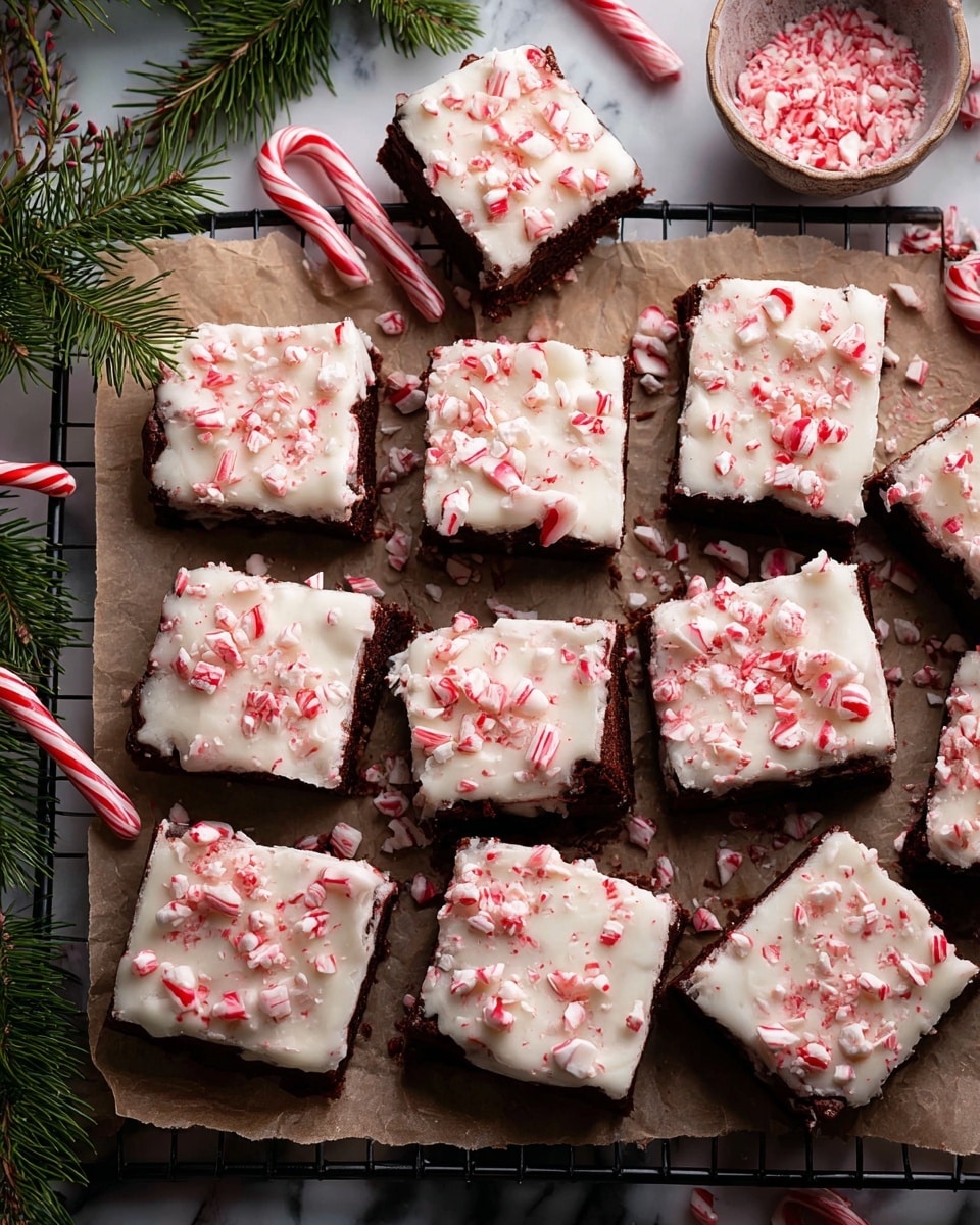 A grid of 15 square peppermint brownies with three visible layers sits on brown parchment paper over a black cooling rack. The bottom layer is dark chocolate, thick and fudgy, followed by a smooth, thick middle layer of white frosting evenly spread, topped with crushed red and white peppermint candy pieces scattered across the surface. Around the cooling rack, broken candy canes and evergreen pine branches decorate a white marbled texture. Photo taken with an iphone --ar 4:5 --v 7