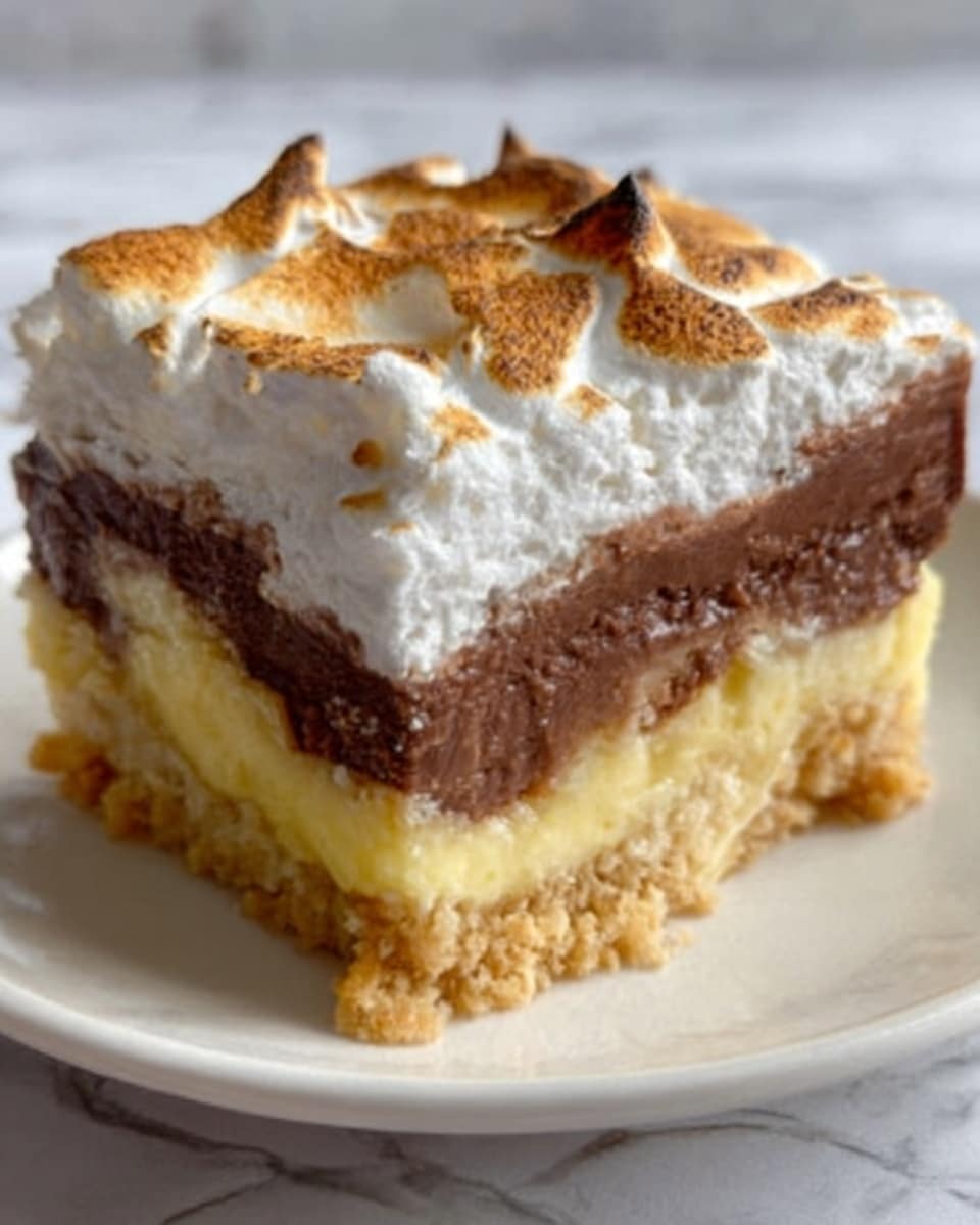 The image shows a square piece of layered dessert on a white plate, placed on a white marbled surface. The bottom layer is a crumbly, golden-brown crust that looks crunchy. Above this is a light yellow pudding layer that is smooth and creamy. On top of the pudding is a thick, rich chocolate pudding layer with a glossy texture. The dessert is topped with a thick, fluffy white whipped cream layer that is toasted with light brown spots, giving it a slightly burnt look. The layers are clearly visible, stacked neatly. Photo taken with an iphone --ar 4:5 --v 7