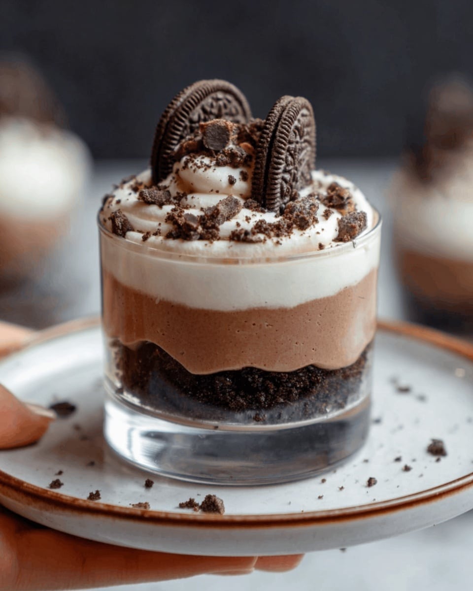 The image shows a clear glass cup with three distinct layers of dessert. The bottom layer is dark brown and crumbly, resembling crushed cookies or chocolate crumbs. The middle layer is creamy and light brown, with a smooth texture like chocolate mousse. The top layer is white and fluffy, possibly whipped cream, sprinkled with dark chocolate shavings and small cookie pieces. On top, there are two small cookie halves standing upright. The glass cup sits on a white plate with a thin brown line near the edge, placed on a white marbled surface. A woman's hand holds the plate from the side. Photo taken with an iphone --ar 4:5 --v 7