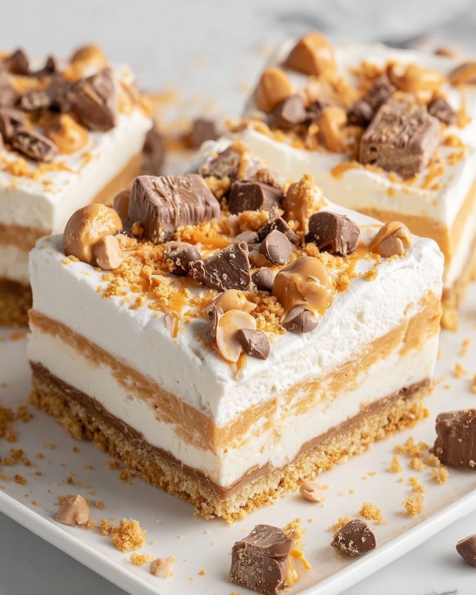 The dessert is a layered square bar with four visible layers: the bottom layer is a crumbly golden brown crust, above it is a smooth off-white creamy layer, followed by a thick, soft caramel-colored layer, and the top layer is fluffy white whipped cream. The surface is sprinkled with bright orange butterscotch chips and chunks of chocolate-covered peanut candy, adding texture and color contrast. The dessert is cleanly cut into squares, displayed on a white plate on a white marbled surface with some crumbs scattered around. Photo taken with an iphone --ar 4:5 --v 7
