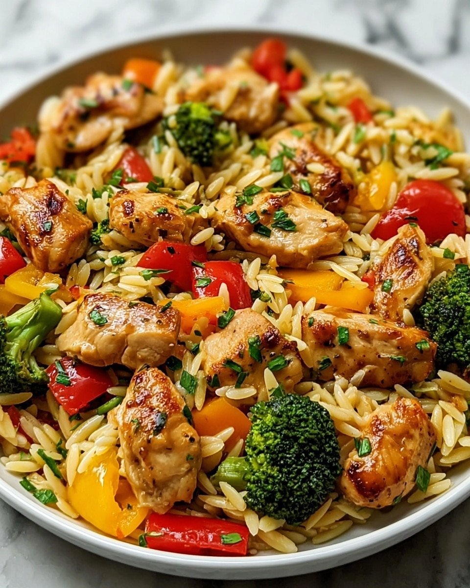 The dish shows one main layer of golden-brown grilled chicken pieces mixed with shiny orzo pasta. Scattered among them are colorful chunks of red and yellow bell peppers and bright green broccoli florets, with some finely chopped green herbs mixed in evenly. The ingredients have a slight glaze that makes everything look moist and fresh. The food is served on a white plate set on a white marbled surface. photo taken with an iphone --ar 4:5 --v 7
