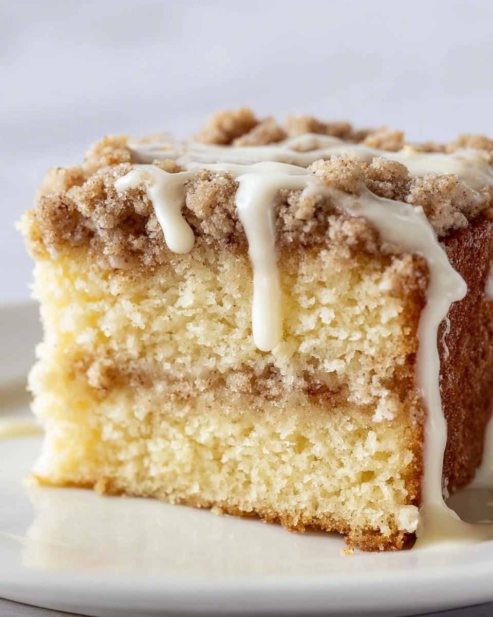 A close-up view of a single slice of coffee cake on a white plate, showing three distinct layers from bottom to top: a soft, light golden yellow cake base with a moist texture, a crumbly brown streusel topping with a coarse, sandy texture, and a creamy white glaze drizzled unevenly over the streusel and flowing down the sides. The white marbled texture underneath the plate adds a clean, simple look. Photo taken with an iphone --ar 4:5 --v 7