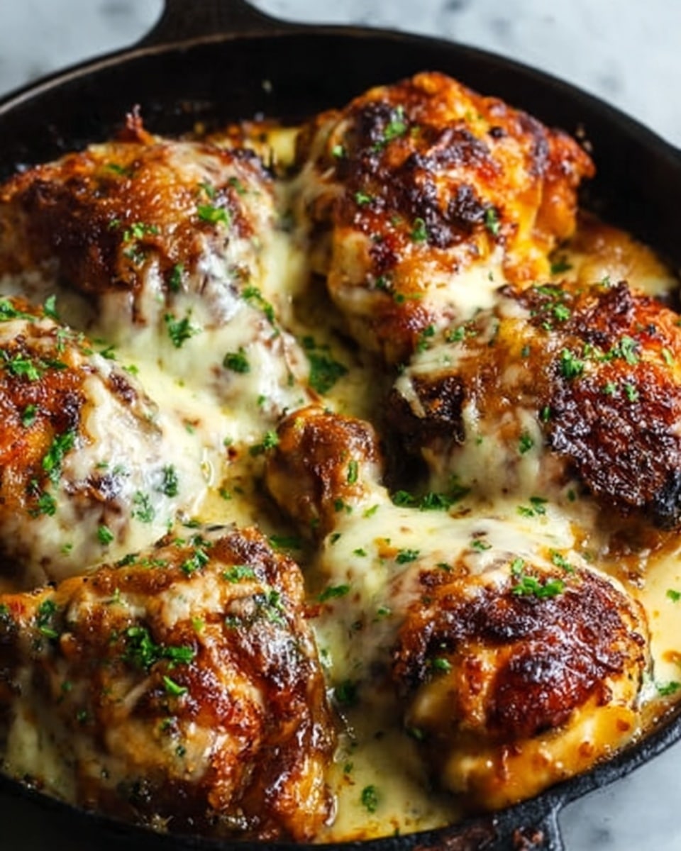 The image shows a close-up of several pieces of baked chicken in a black cast iron pan on a white marbled surface. The chicken pieces are golden brown with crispy, darkened skin and are topped with melted cheese that has a creamy, slightly browned texture. Some green herbs are sprinkled over the cheese, adding a touch of color. The chicken pieces are arranged closely together, filling the pan fully. Photo taken with an iphone --ar 4:5 --v 7