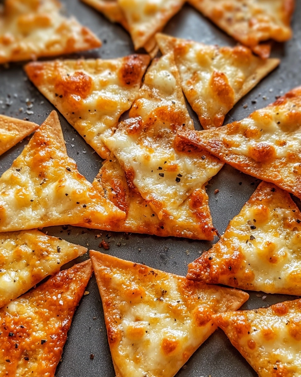 The image shows multiple small, thin, triangular cheese crackers spread on a dark baking tray. Each cracker has a crispy, golden-brown edge with melted cheese that is bubbly and slightly browned in places, showing a mix of light yellow and golden colors. Some triangles have small black pepper flakes sprinkled on top, adding texture and color contrast. The surface beneath the crackers is a white marbled texture as per instructions. The overall look is warm, crunchy, and cheesy, making the crackers look freshly baked and ready to eat. photo taken with an iphone --ar 4:5 --v 7