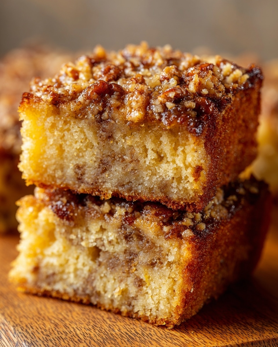 The image shows two stacked pieces of moist cake, each piece having one thick layer. The cake is light golden brown inside, with a soft, crumbly texture filled with small brown nut bits. The top layer is crispier with crushed nuts sprinkled all over, creating a slightly rough surface. The cake pieces are placed on a wooden surface with a blurred background. photo taken with an iphone --ar 4:5 --v 7