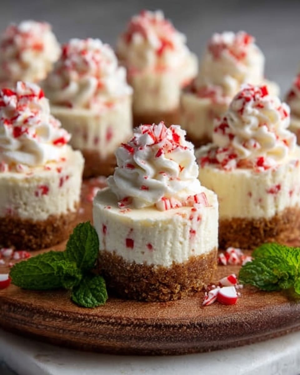 The image shows several small cheesecakes on a wooden board placed on a white marble surface. Each cheesecake has three layers: a crumbly brown crust at the bottom, a thick creamy white middle layer with small red specks, and a swirl of white whipped cream on top sprinkled with crushed red and white candy pieces. Fresh green mint leaves are placed beside the cheesecakes for decoration. The photo taken with an iphone --ar 4:5 --v 7