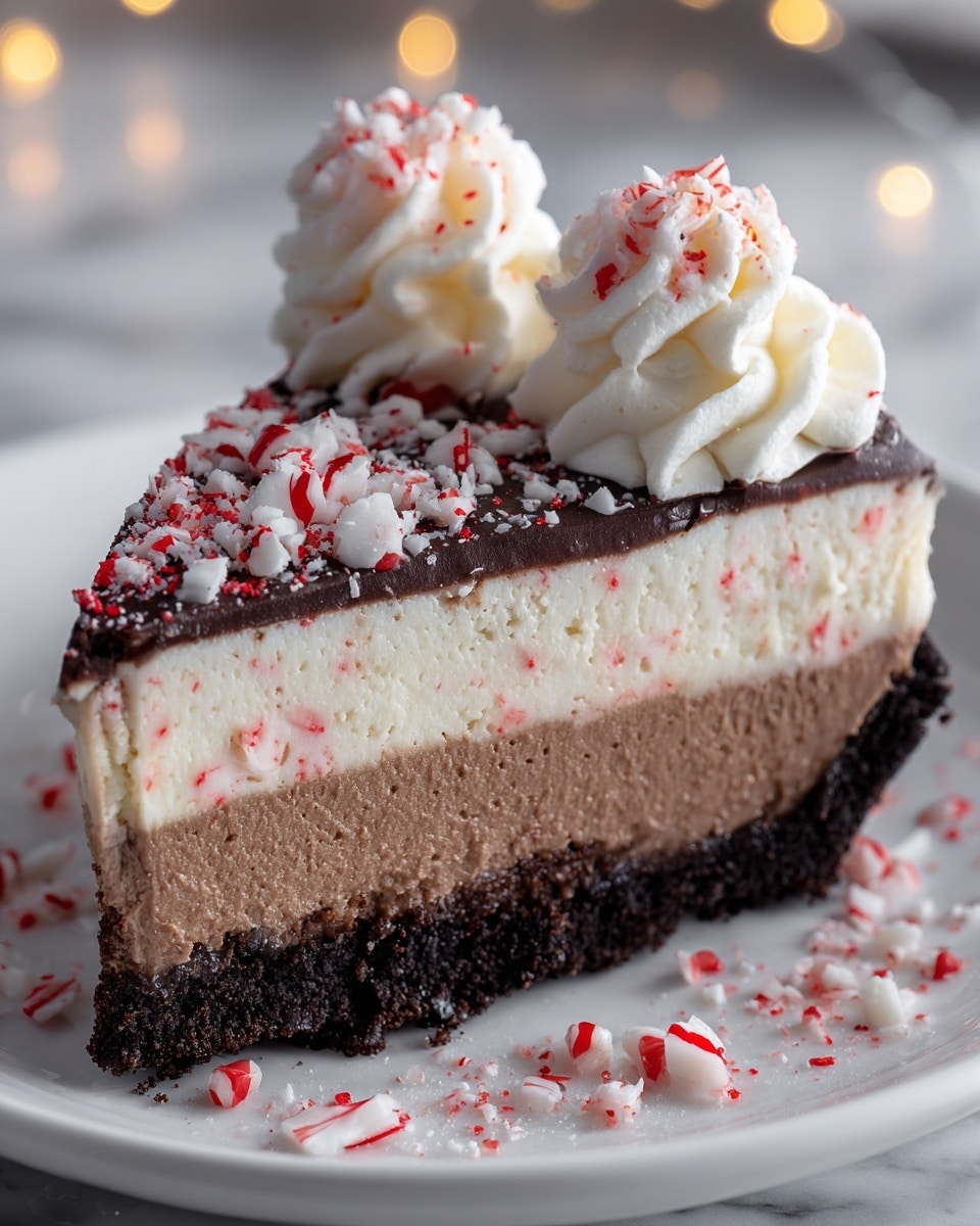 A slice of layered dessert sits on a white plate placed on a white marbled surface. The bottom layer is dark brown with a crumbly texture, resembling a chocolate crust. Above it is a smooth medium brown layer, topped by a thick, creamy white layer speckled with small red bits. On top of the white layer is a glossy dark chocolate layer sprinkled with crushed red and white peppermint pieces. Three swirls of white whipped cream, each dusted lightly with red sprinkles, line the back edge of the slice. Extra crushed peppermint pieces are scattered on the plate around the dessert. Photo taken with an iphone --ar 4:5 --v 7