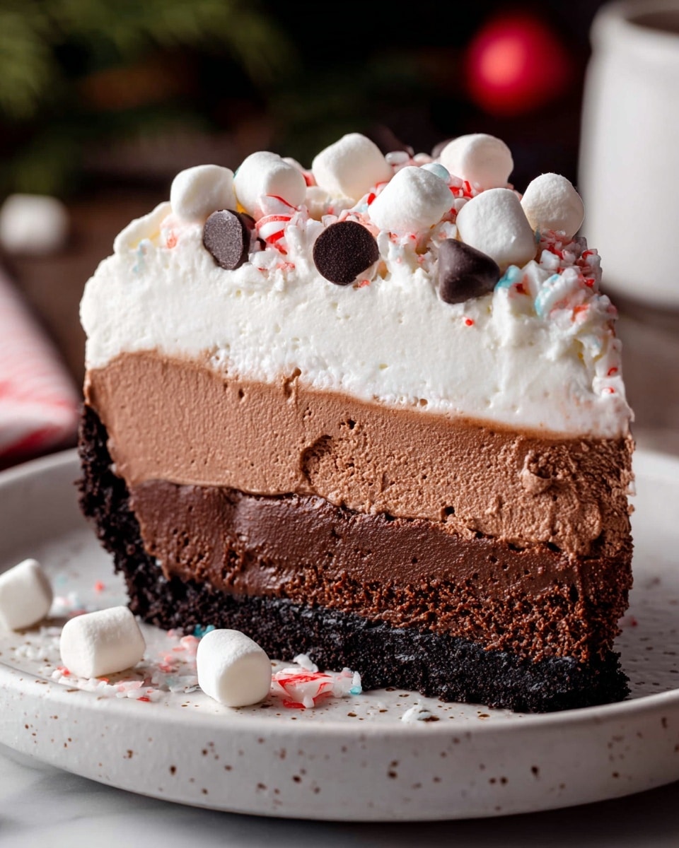 A slice of layered chocolate dessert is placed on a white speckled plate. From bottom to top, the first layer is a crumbly, dark chocolate crust, followed by a thick, dense chocolate mousse layer with a slightly rough texture. Above this is a lighter, creamy chocolate layer with a smooth finish. The top layer is fluffy white whipped cream, generously spread with marshmallows and small chocolate chips scattered on it, along with bits of crushed red and white candy cane adding a festive touch. The plate sits on a white marbled surface with some marshmallows and candy pieces around it. photo taken with an iphone --ar 4:5 --v 7