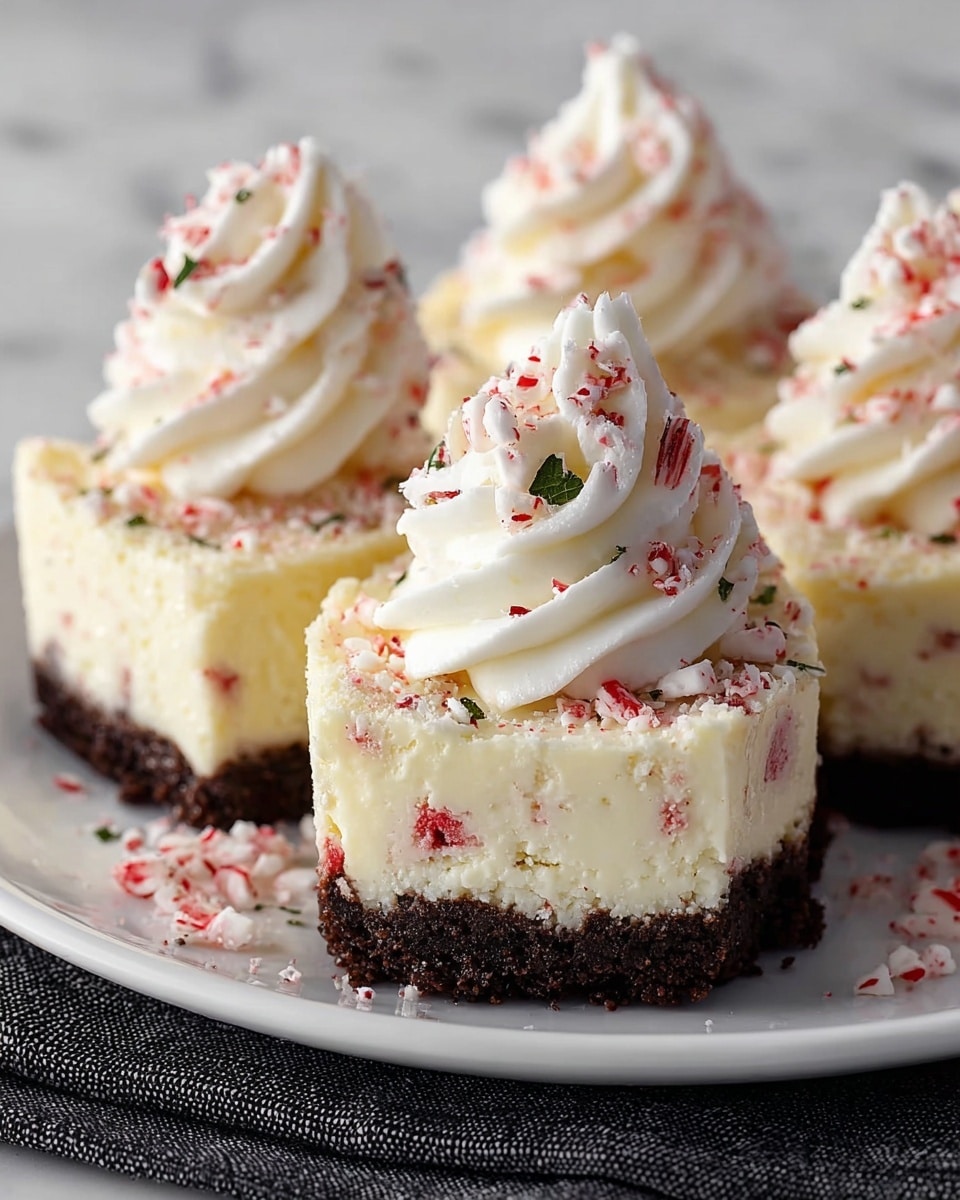 The image shows four mini cheesecakes on a white plate with a dark cloth underneath. Each cheesecake has three layers: a bottom crust layer that looks dark and crumbly, a thick middle layer of creamy white cheesecake with tiny red specks inside, and a top layer of white whipped cream swirled in a tall peak. The whipped cream is sprinkled with crushed red and white peppermint pieces and small green bits. Some crushed peppermint pieces are scattered on the plate around the cheesecakes. The background is a white marbled texture. photo taken with an iphone --ar 4:5 --v 7