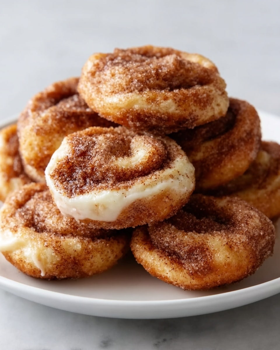 A white plate holds a pile of small round pastries that look soft and golden brown on the outside. Each pastry has a swirled shape with a creamy white layer inside and a darker cinnamon sugar layer on top, creating a swirl pattern of light and dark browns. The texture looks slightly sticky and coated with sugar crystals that give a slight shine. The pastries are stacked casually on the plate, with some overlapping. The background shows a white marbled texture. photo taken with an iphone --ar 4:5 --v 7