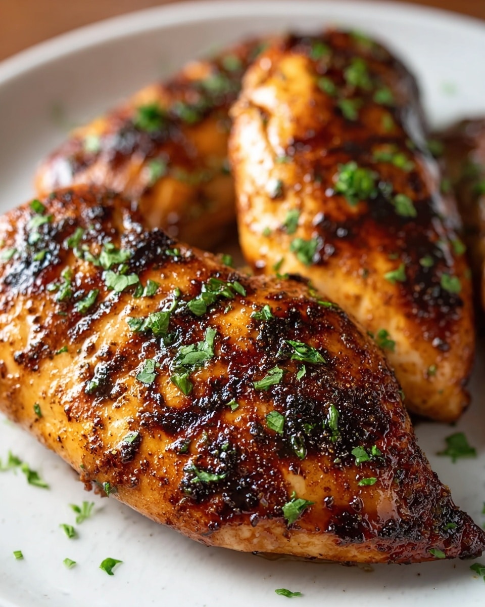 Three grilled chicken breasts are placed close together on a white plate, each piece showing a rich golden-brown color with dark char marks and a shiny glaze. The chicken has a slightly rough texture from the crisped spices and grill marks. Bright green chopped parsley is sprinkled over the top, adding a fresh contrast to the warm colors of the meat. The background is a white marbled texture, and the focus is sharp on the front chicken breast, showing glistening juices and seasoning details. Photo taken with an iphone --ar 4:5 --v 7