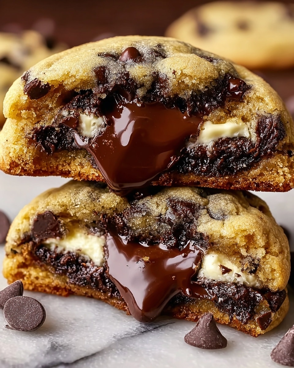 A close-up image of two thick chocolate chip cookies stacked on top of each other, both broken in half to show their inside layers; the outer layer is light golden brown with a soft, crumbly texture and visible dark chocolate chips, the next inner layer is dark, rich, gooey chocolate that looks melted, and the core layer is creamy white and smooth, possibly cheesecake or cream filling, all resting on a white marbled surface with some scattered chocolate chips, photo taken with an iphone --ar 4:5 --v 7