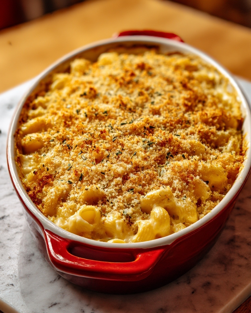 A baked macaroni and cheese dish in a white oval baking dish with red outer sides and handles is shown. The top layer is a golden-brown, crunchy breadcrumb crust with some herbs sprinkled throughout. Beneath the crispy topping, you can see creamy, yellow macaroni pasta with a smooth cheese sauce clinging to the curved pasta shapes. The white marbled texture surface surrounds the baking dish, and the background has a warm, cozy kitchen feel. Photo taken with an iphone --ar 4:5 --v 7