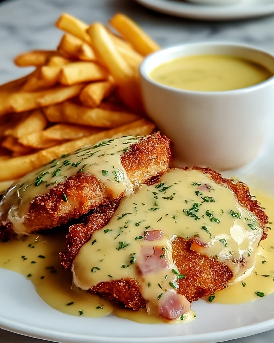 The dish shows two crispy, golden brown fried patties covered in a thick, creamy light yellow sauce with green herb sprinkles on top. Visible under the sauce are small pieces of pink ham. The patties rest on a white plate with a pile of golden French fries behind them. To the side of the plate, there is a white bowl filled with more of the pale yellow sauce. The scene is set on a white marbled surface. Photo taken with an iphone --ar 4:5 --v 7
