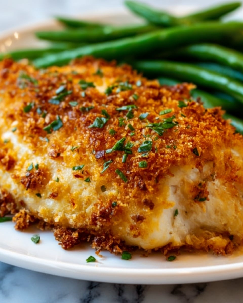 A close-up of a white plate holding a golden-brown baked chicken breast covered in a crispy, textured crumb layer sprinkled with small green herb pieces. The chicken's crispy topping shows some uneven browning, giving it a crunchy look. In the background, there are green beans, adding a fresh green color contrast. The surface under the plate is a white marbled texture. Photo taken with an iphone --ar 4:5 --v 7