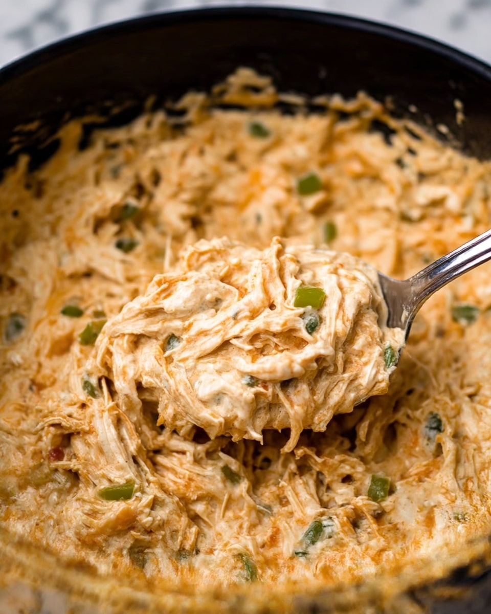 A close-up view of a creamy shredded chicken dish mixed with melted cheese and small green peppers in a black pot. The dish shows many thin strands of white chicken coated in a thick orange and white sauce with visible bits of cheese and green pieces spread throughout. A metal spoon is partially inserted into the creamy mixture on the left side of the pot, lifting some of the chicken and sauce. The texture appears soft and rich, with an uneven surface showing the mixture’s thickness. The pot edges frame the dish. Photo taken with an iphone --ar 4:5 --v 7