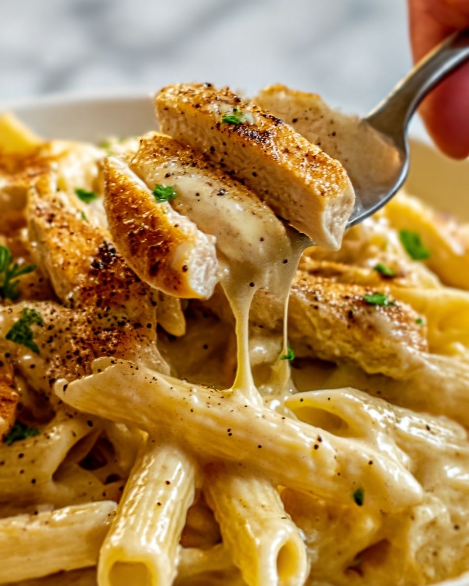 A close-up view of creamy pasta with grilled chicken strips on top, showing two main layers: the bottom layer is penne pasta coated in a rich, smooth cream sauce with a light yellow color and soft texture, and the top layer consists of golden-brown grilled chicken pieces with a slightly crispy surface, sprinkled with small green parsley bits and black pepper flakes for color contrast. The dish is presented on a white plate resting on a white marbled surface, with a woman's hand holding a fork lifting some pasta from the plate. photo taken with an iphone --ar 4:5 --v 7
