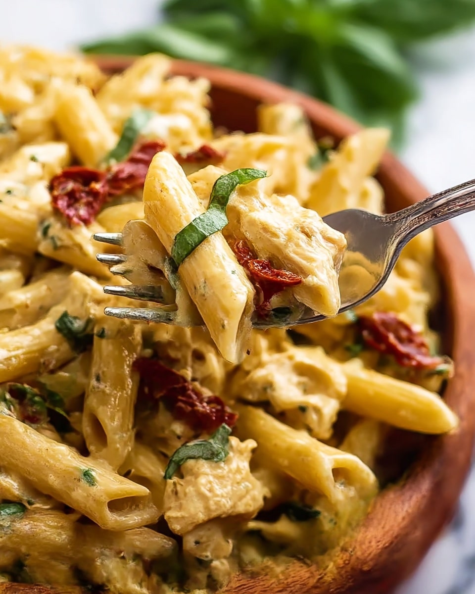 The image shows a close-up of a bowl of creamy penne pasta mixed with pieces of cooked white chicken and garnished with dried red sun-dried tomatoes and fresh green basil leaves. The penne pasta is coated in a light yellow creamy sauce with visible specks of black pepper and herbs. The dish is served in a round white bowl, placed on a white marbled surface. A silver fork is lifting a bite of the pasta with chicken, tomato, and basil, highlighting the textures of the creamy sauce, tender chicken, and bright toppings. Photo taken with an iphone --ar 4:5 --v 7