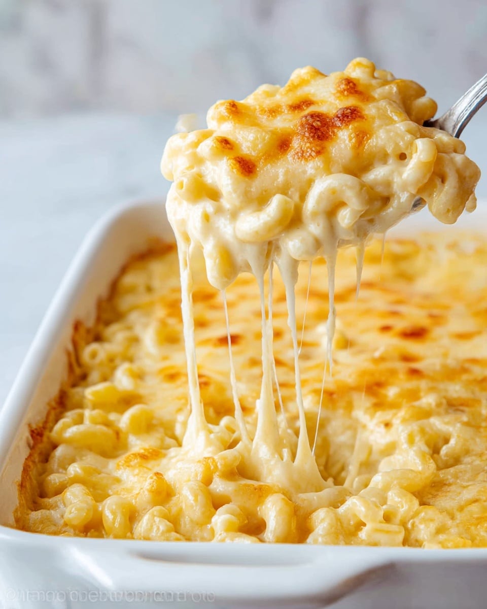 A white baking dish full of creamy macaroni and cheese is shown, with a spoon lifting a serving above it. The top layer is golden brown with melted, slightly crispy cheese showing small browned spots. Underneath, the macaroni is covered in a thick, smooth cheese sauce that looks soft and gooey. Cheese strands stretch from the lifted serving back to the dish, emphasizing the creaminess. The macaroni pieces are small and curved, coated evenly in the rich sauce. The background is a white marbled texture. photo taken with an iphone --ar 4:5 --v 7
