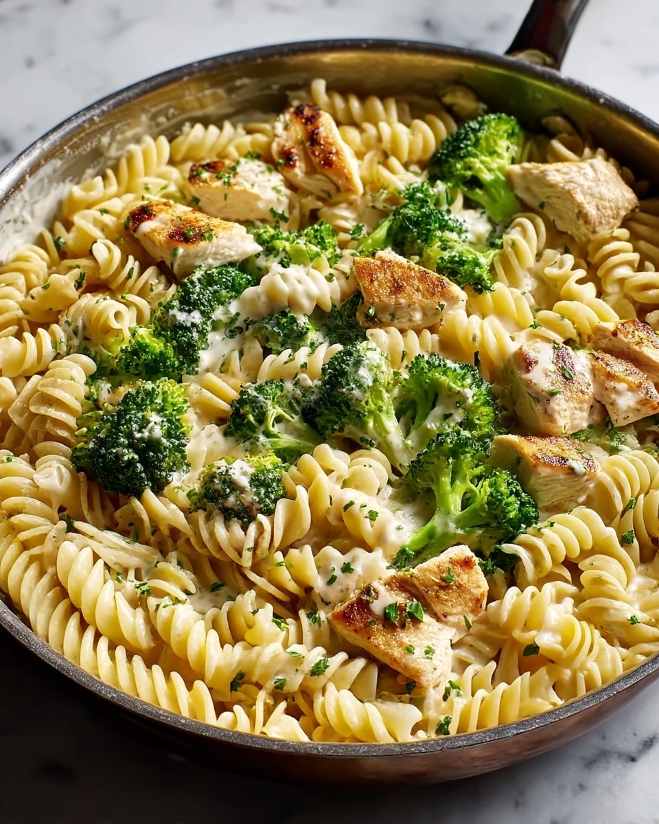 A close-up view of a frying pan filled with a creamy pasta dish featuring three main layers: the base layer consists of tightly spiraled rotini pasta in a light yellow color, scattered evenly throughout; the middle layer is made up of bright green broccoli florets adding a fresh, textured contrast, arranged between the pasta; and the top layer features pieces of grilled chicken, golden brown with slight char marks, placed sporadically on top of the pasta and broccoli. The dish is lightly coated with a creamy white sauce that adds a smooth texture and some green chopped herbs sprinkled evenly for garnish. The pan sits on a white marbled surface. photo taken with an iphone --ar 4:5 --v 7