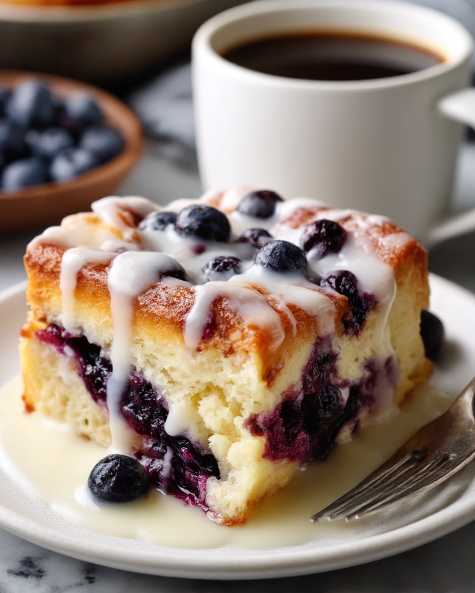 A close-up image of a white plate holding a thick slice of blueberry bread pudding with a golden brown crust and soft, creamy inside. The dish has a visible layer of fresh dark blueberries mixed inside and on top, covered with smooth white glaze drizzled generously over the top. The bread pudding looks moist and fluffy with the blueberries creating dark purple spots and juice stains throughout. A white cup filled with coffee is placed in the background on a white marbled surface, adding a cozy feel. photo taken with an iphone --ar 4:5 --v 7