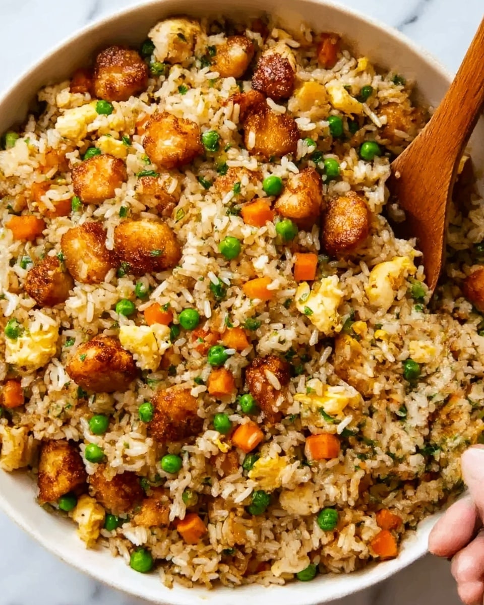 A close-up view of fried rice in a white bowl on a white marbled surface, showing several layers of ingredients mixed together; the bottom layer is light brown rice grains, evenly cooked and slightly glossy; mixed throughout the rice are small cubes of orange carrots and green peas, adding pops of color; scattered chunky pieces of golden-brown fried chicken sit on top and throughout the dish, giving a crispy texture; there are small, fluffy pieces of yellow scrambled eggs mixed evenly; a wooden spoon is placed partially inside the bowl on the right edge, with a woman’s hand holding it, ready to serve the food. photo taken with an iphone --ar 4:5 --v 7