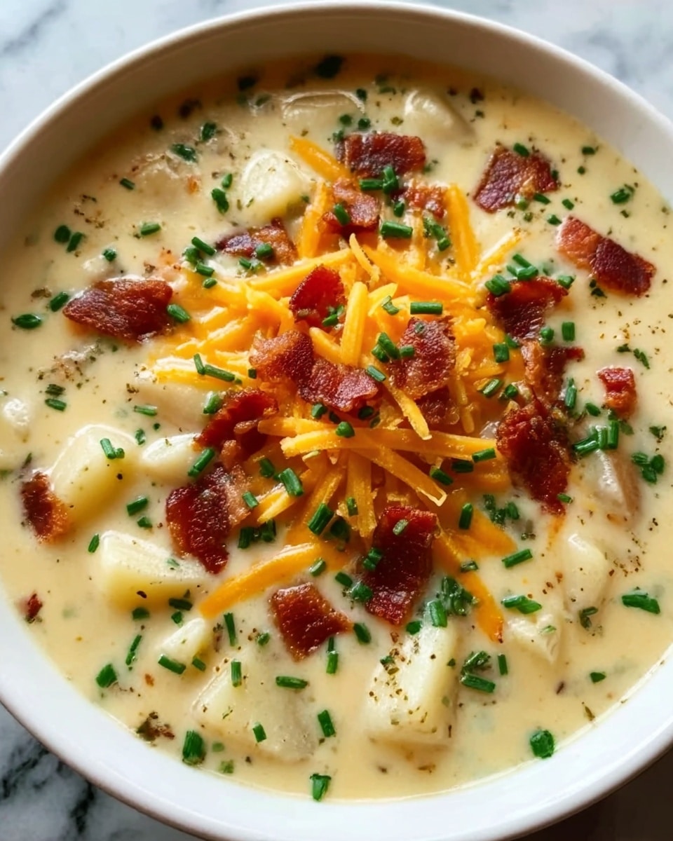 The image shows a bowl of creamy soup with visible small chunks of yellow potatoes in a thick white base. On top, there is a mix of shredded orange cheese, small crispy brown bacon pieces, and chopped green onions scattered evenly. The soup looks smooth and rich with small black pepper specks spread on the surface. The bowl is white, placed on a white marbled surface, and the photo was taken closely to highlight the textures and colors of the soup. photo taken with an iphone --ar 4:5 --v 7