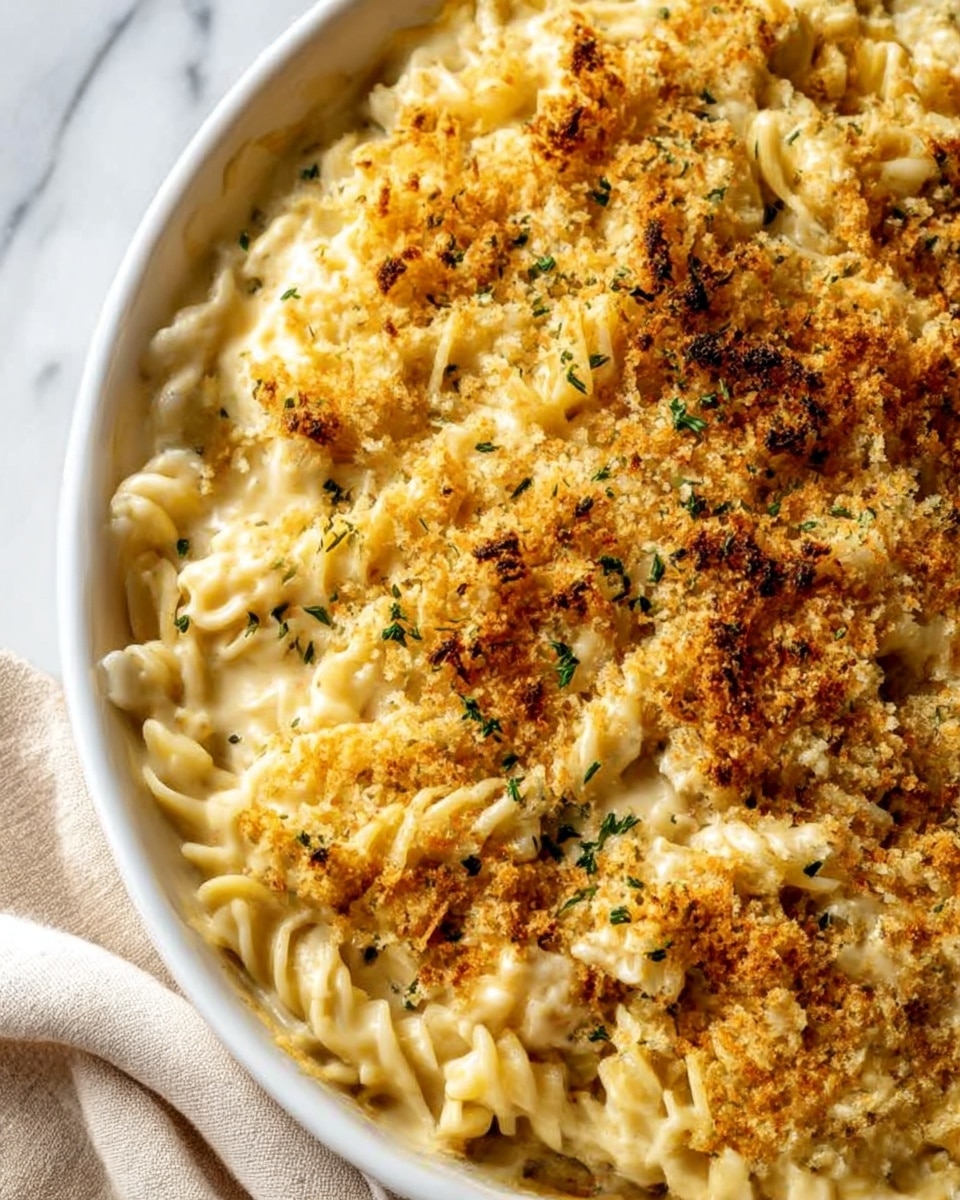 A close-up view of a white oval baking dish filled with creamy rotini pasta covered with a golden brown breadcrumb topping. The pasta is coated in a smooth, light yellow cheese sauce, while the crunchy topping is unevenly browned with a mix of dark golden and light crispy spots. Small sprinkles of green herbs are scattered on the surface, adding a touch of color. The dish rests on a white marbled surface with a soft beige cloth partially visible to the side. photo taken with an iphone --ar 4:5 --v 7