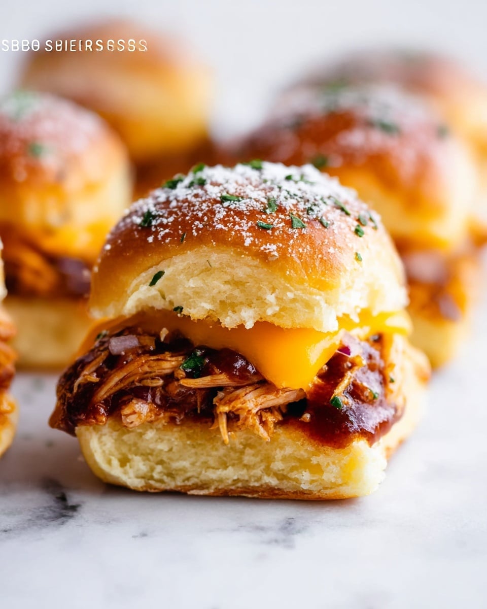 A close-up of a BBQ chicken slider shows three main layers: the top layer is a soft, golden-brown bun sprinkled with herbs and a light dust of white powder, giving it a textured, slightly crusty surface; beneath that is a melted layer of bright orange cheddar cheese that oozes slightly; below the cheese is a thick layer of shredded BBQ chicken mixed with dark reddish-brown BBQ sauce and small bits of green herbs and purple onion, all shining with a glossy, sticky texture; the bottom layer is the soft, golden interior of the bun resting on similar sliders with shiny, herb-topped buns on a white marbled surface. Photo taken with an iphone --ar 4:5 --v 7