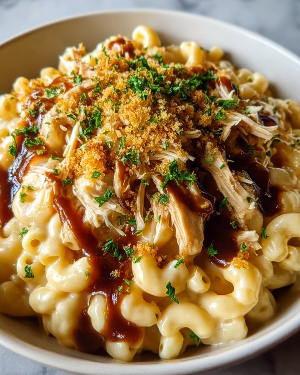 A close-up view of a creamy macaroni and cheese dish served in a white bowl, featuring cavatappi pasta coated in a smooth, pale yellow cheese sauce as the base layer. On top, there are shredded pieces of golden-brown pulled chicken scattered evenly, adding texture and warmth. The dish is drizzled with a glossy, dark brown barbecue sauce that pools slightly around the chicken and pasta. It is finally garnished with bright green chopped parsley and a light sprinkling of golden breadcrumbs, giving it a crisp texture contrast. The bowl sits on a white marbled surface. photo taken with an iphone --ar 4:5 --v 7