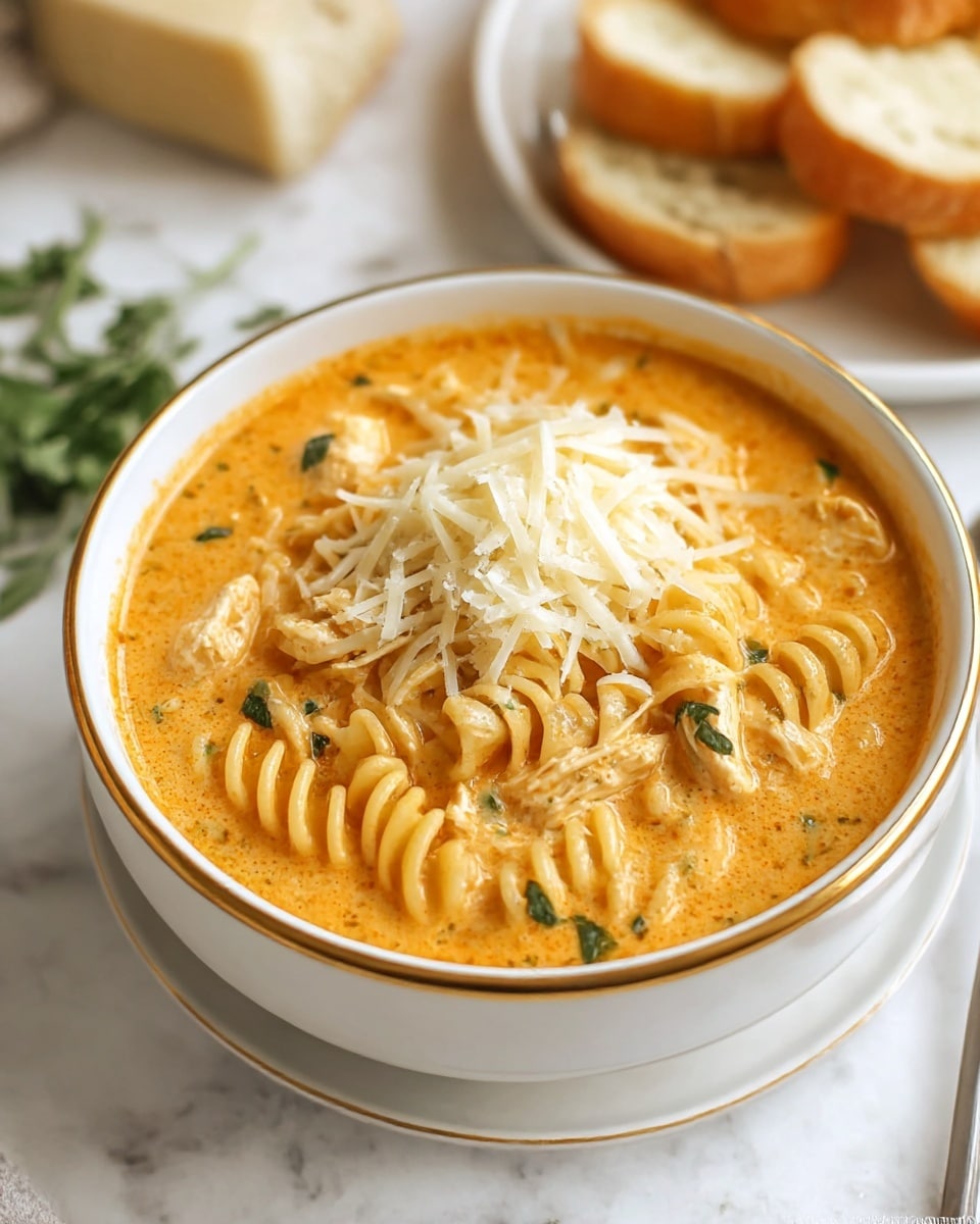 A white bowl with a gold rim holds a creamy orange soup filled with spiraled pasta pieces and bite-sized chunks of chicken. The soup has a thick, rich texture, with some small green herb flecks scattered throughout. On top, there is a generous mound of shredded pale yellow cheese, slightly melting into the warm soup. In the soft-focus background, slices of crusty bread are arranged on a white bowl, all set on a white marbled surface with a sprig of green herbs nearby. Photo taken with an iphone --ar 4:5 --v 7